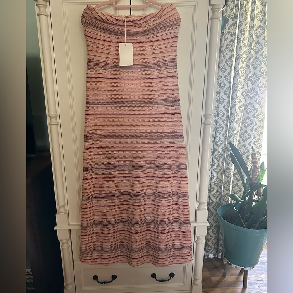 NWT Sandiva Crochet Classic Pink Striped Knit Maxi Strapless Dress Lined Sz M